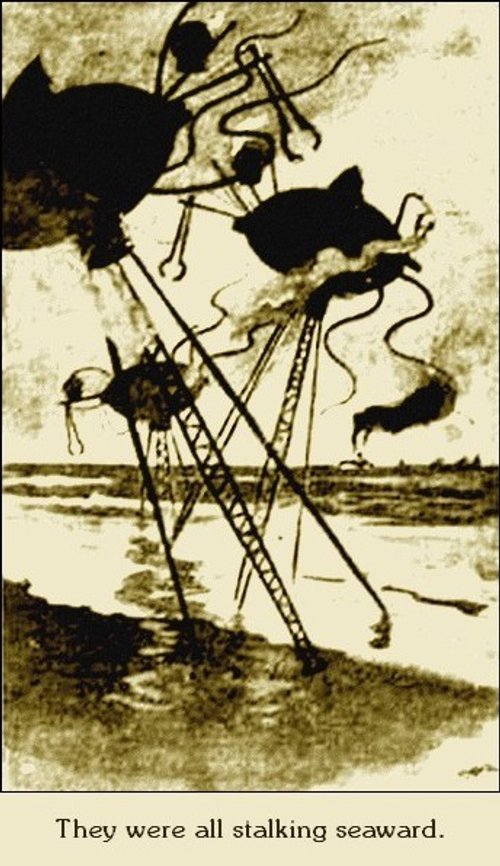 Warwick Goble's Martian Tripods Stalking Seaward – War of the Worlds 1897