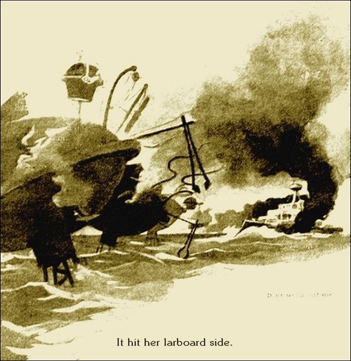 Warwick Goble's Martian Heat-Ray Devastates Warship – War of the Worlds 1897