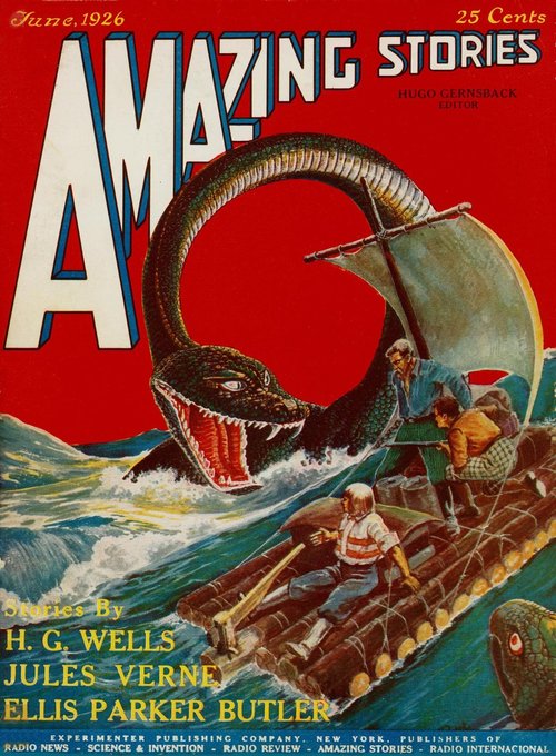 Sea Serpent Attacks Raft — Amazing Stories June 1926 Cover