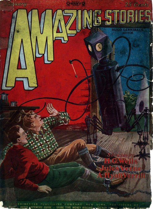 Amazing Stories Jan 1928 — H.G. Wells War of the Worlds Robot Menace