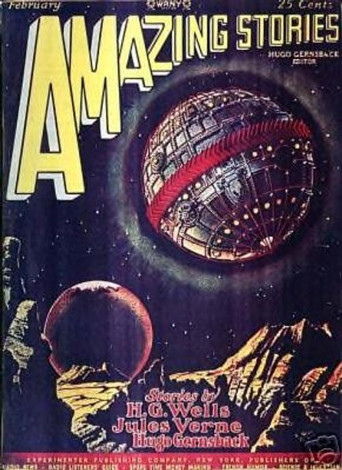 Amazing Stories Feb 1928 – Colossal Ringed Space Station Over Alien Moon