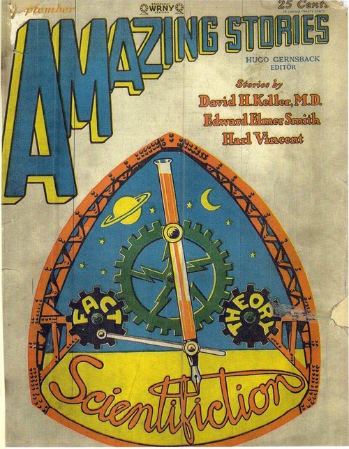 Amazing Stories Sept 1928 — Scientifiction Gears and Saturn Cover