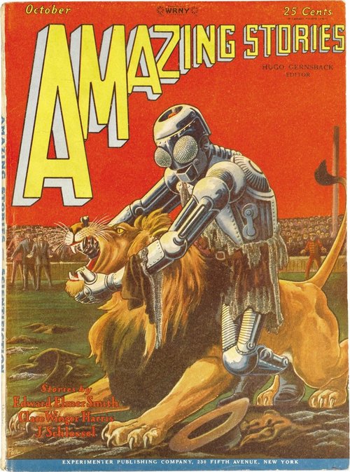 Frank R. Paul's Robot Gladiator vs. Lion, Amazing Stories October 1928