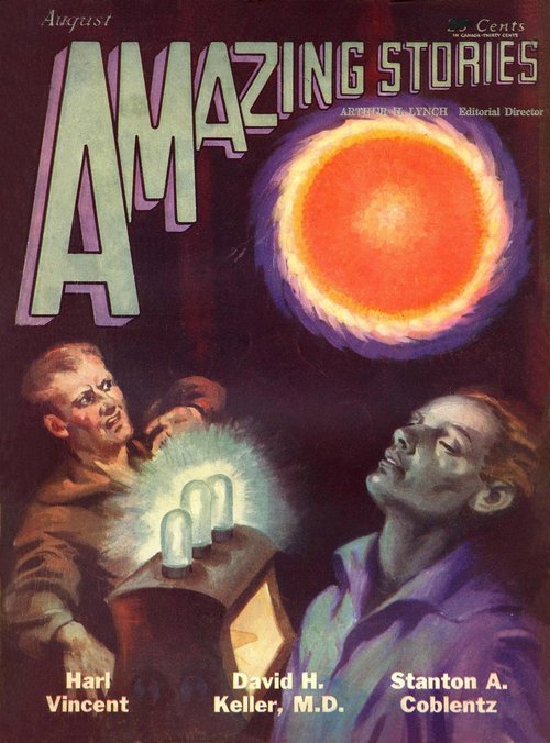Amazing Stories August 1929 – Solar Orb and Glowing Vacuum Tubes