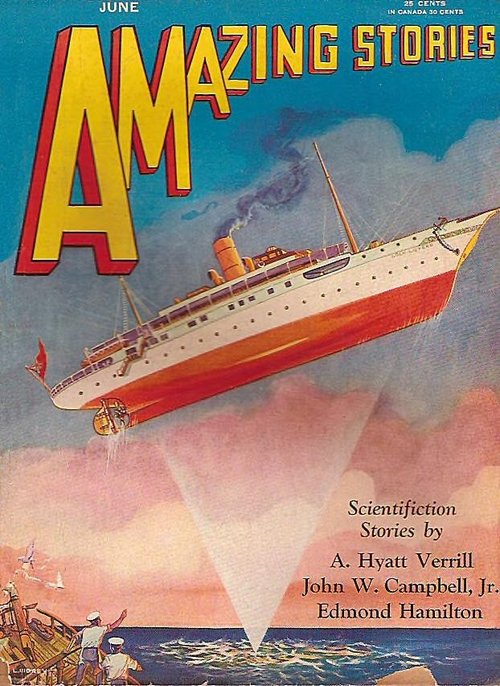 Flying Ocean Liner Levitated by Searchlight, Amazing Stories June 1930