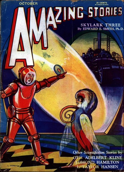L. Morey's Armored Spaceman Meets Alien, Amazing Stories Oct 1930