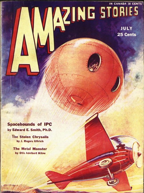 Spherical Spacecraft Attacking Biplane, Amazing Stories July 1931