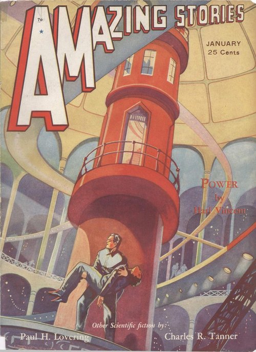 Man Carries Unconscious Woman in Futuristic Power Tower – Amazing Stories Jan 1932
