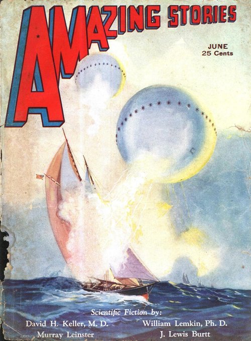 Amazing Stories June 1932 — Balloon Bombs Attack Sailboat at Sea
