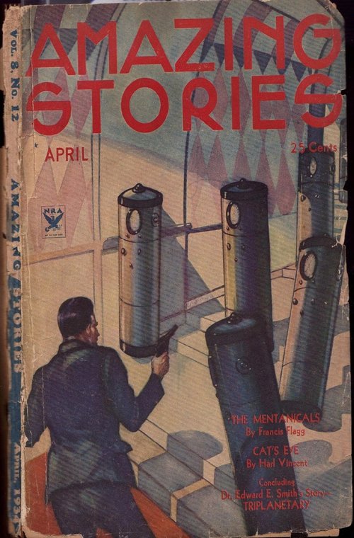 Amazing Stories April 1934 — The Mentanicals Robot Machines Cover