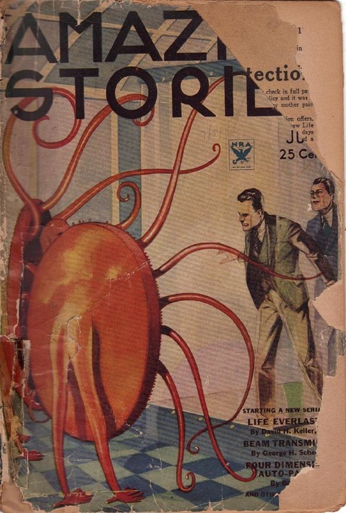 Giant Alien Octopoid Confronts Men — Amazing Stories July 1934