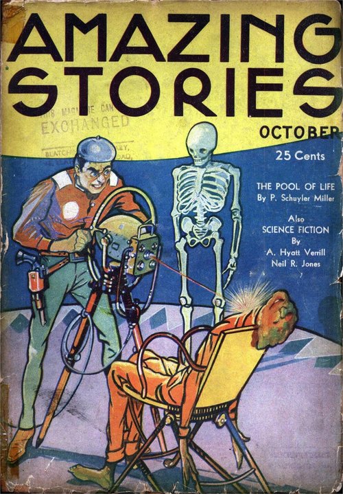 Amazing Stories Oct 1934 – Mad Science Ray Drains Man to Skeleton