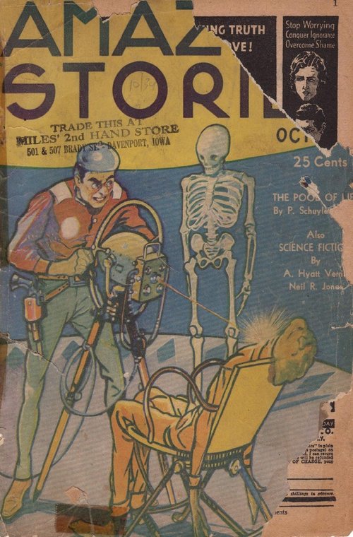 Skeleton Ray-Gun Attack: Amazing Stories October 1934 Cover