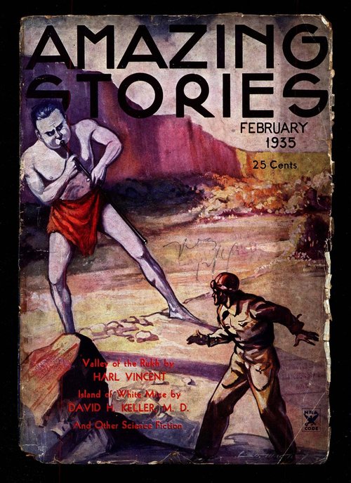 Giant vs. Helmeted Explorer — Amazing Stories February 1935 Cover