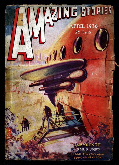 Amazing Stories April 1936 – Colossal Spaceship Docking on Alien World