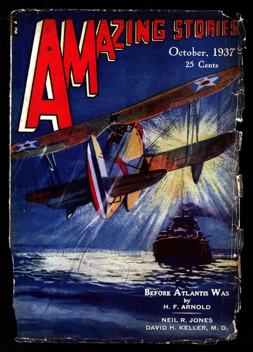 Amazing Stories Oct 1937 – Biplane Attacked by Searchlight Over Warship