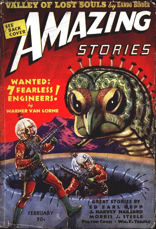 Giant Insectoid Alien vs. Space-Suited Soldiers, Amazing Stories Feb 1939
