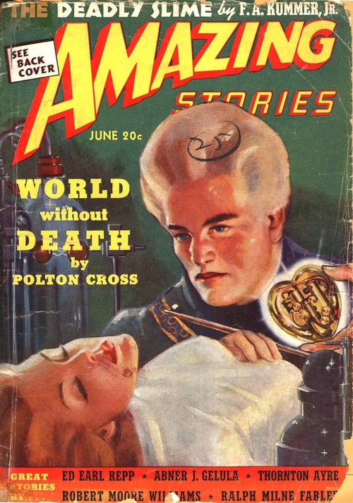 Amazing Stories June 1939: Big-Brained Alien and Clockwork Heart Mad Science Cover