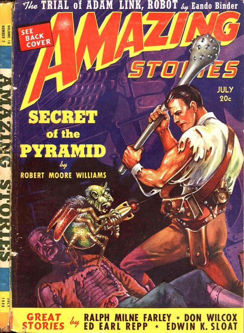 Amazing Stories July 1939 — Hero Battles Insectoid Alien, Secret of the Pyramid
