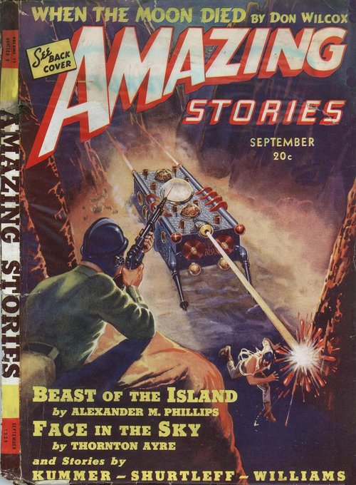 Amazing Stories Sept 1939 — Soldier vs. Death Ray War Machine in Canyon