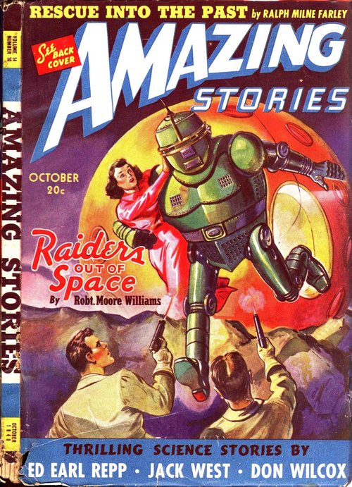 Giant Green Robot Abducts Woman — Amazing Stories October 1940 Cover