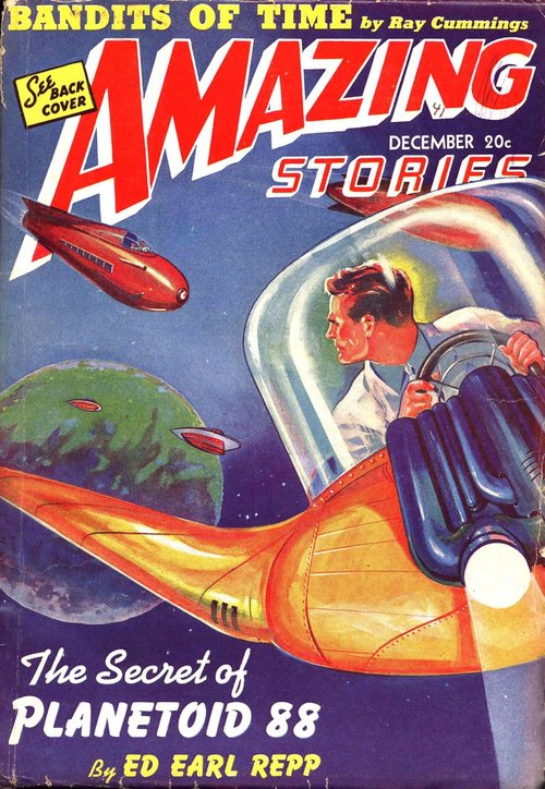 Amazing Stories December 1941 — Space Pilot Races Past Earth in Golden Rocketship