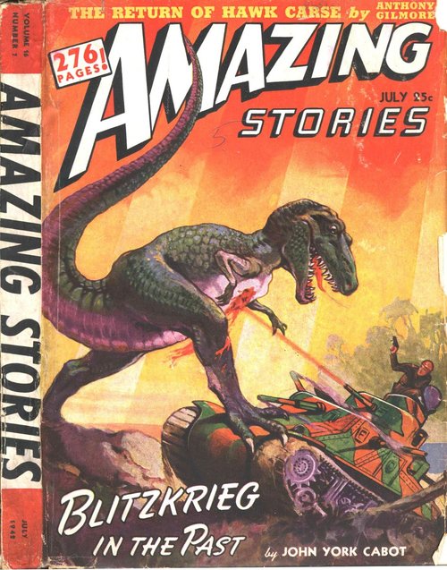 Dinosaur vs. Tank: Amazing Stories 'Blitzkrieg in the Past' Cover, July 1942