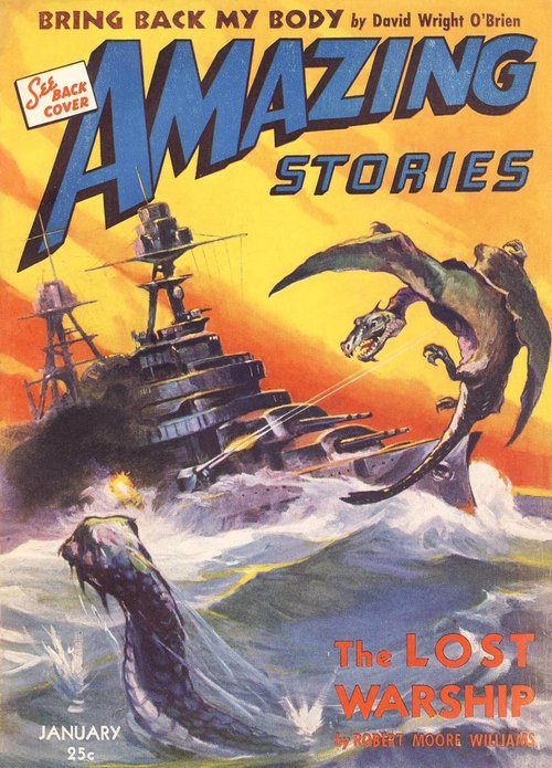 Sea Monsters vs. Warship — Amazing Stories January 1943 Cover
