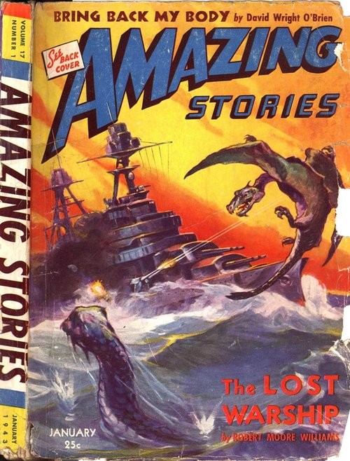 Sea Monsters vs. Warship — Amazing Stories Jan 1943 Cover