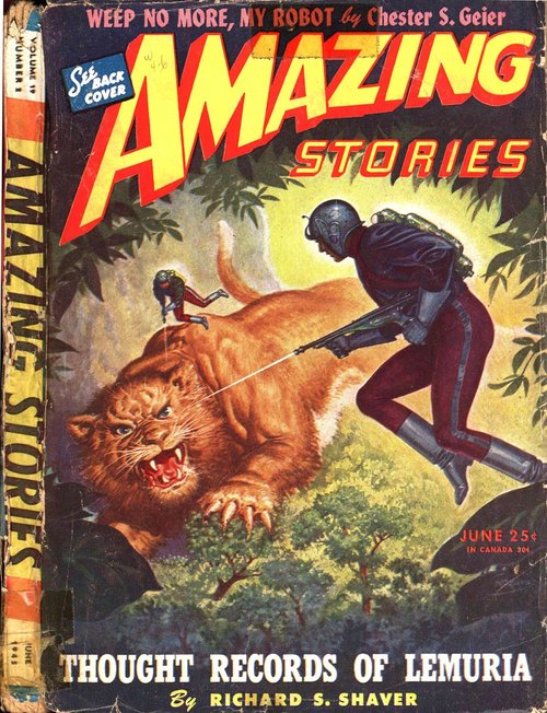 Amazing Stories June 1945: Jet-Pack Hunters vs Giant Saber-Tooth, Lemuria Cover