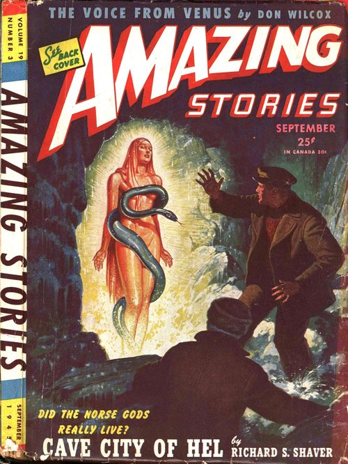 Glowing Snake Goddess Confronts Sailors – Amazing Stories Sept 1945