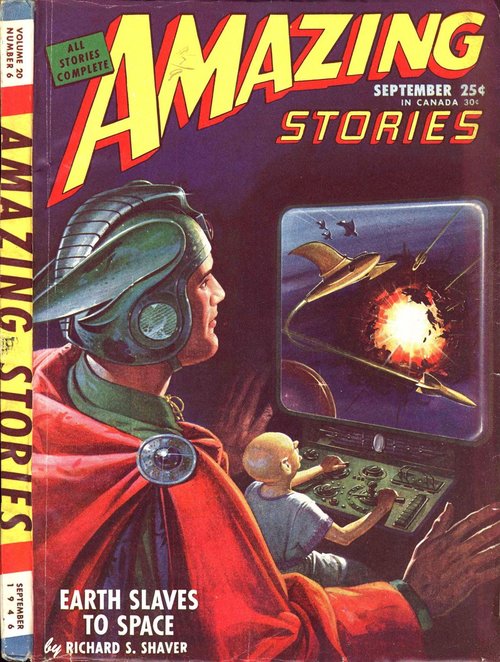 Amazing Stories Sept 1946 – Space Warrior Watches Battle on Viewscreen