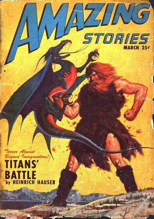 Titans' Battle: Caveman vs. Winged Monster, Amazing Stories March 1947