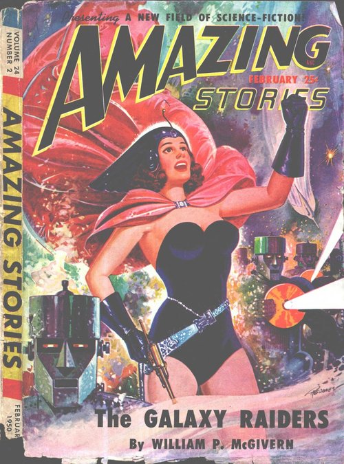 Amazing Stories Feb 1950 – 'Galaxy Raiders' Action Heroine vs Robots