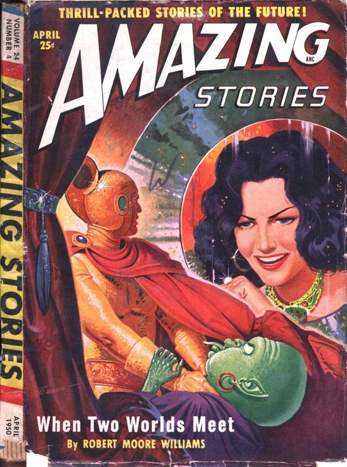 Amazing Stories April 1950 — Armored Figure Battles Green Alien, Woman in Orb