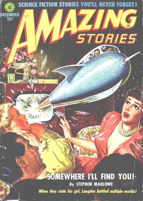 Miniature Spaceship Crashes Living Room Party – Amazing Stories Dec 1951