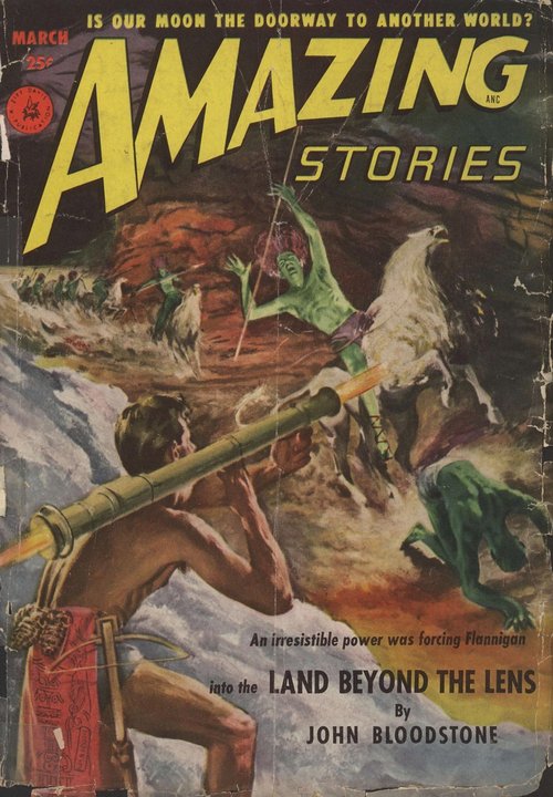 Amazing Stories March 1952 — Land Beyond the Lens, Green Alien Battle