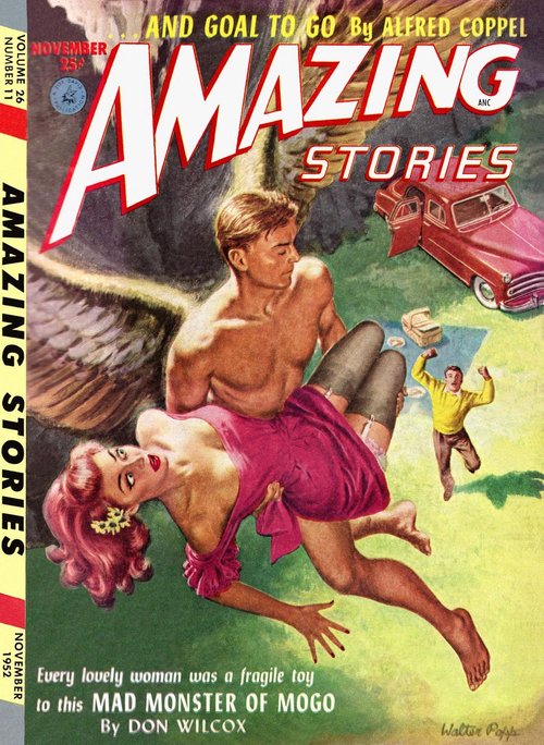 Winged Man Abducts Woman: Amazing Stories 'Mad Monster of Mogo' Cover, Nov 1952