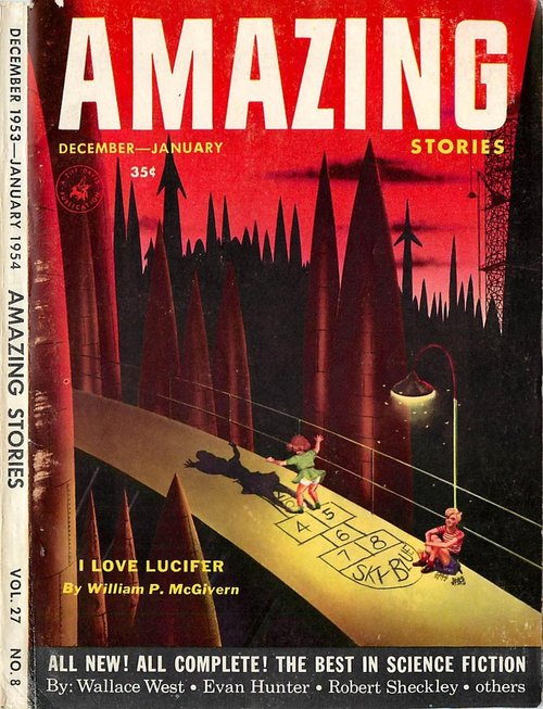 Children on Alien Sidewalk, Amazing Stories Dec 1953–Jan 1954 Cover