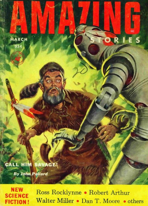 Robot Confronts Buckskin Trapper – Amazing Stories March 1954 Cover