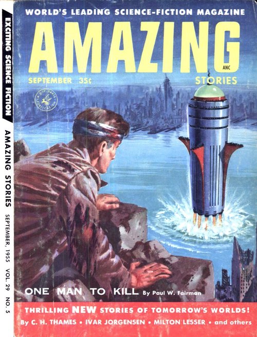Rocket Launch Over Ruined City, Amazing Stories September 1955