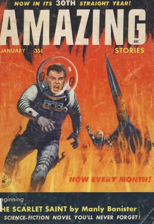 Astronauts Flee Rocket Inferno — Amazing Stories January 1956
