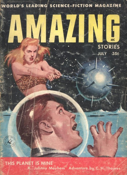 Amazing Stories July 1956 – Savage Woman Fires Ray-Gun at Spiked Alien Sphere