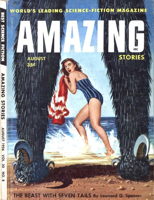 Beach Terror: Monster Claws Stalk Woman, Amazing Stories August 1956