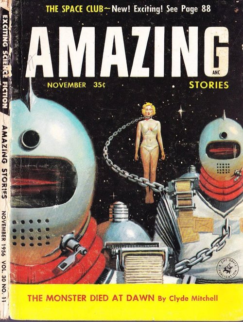 Chained Woman Captive of Giant Robots, Amazing Stories November 1956