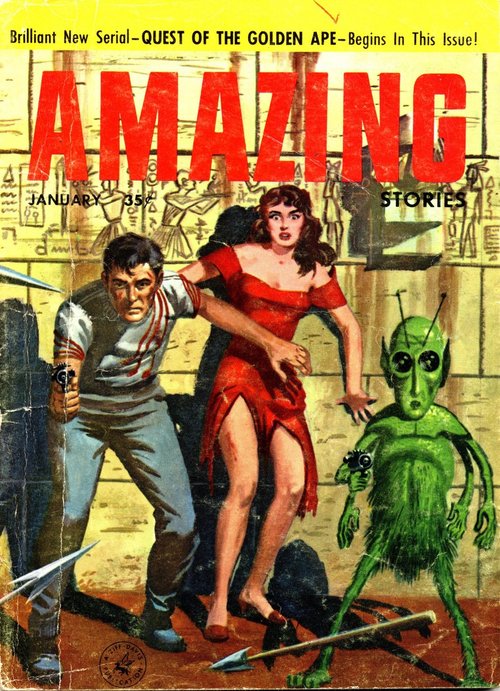 Green Alien Gunman in Egyptian Tomb, Amazing Stories January 1957