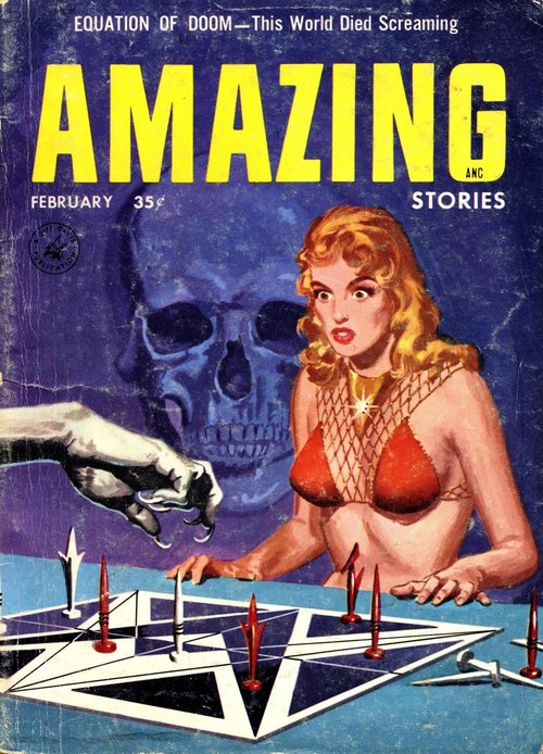 Amazing Stories Feb 1957 — Equation of Doom, Skull & Scarlet Woman