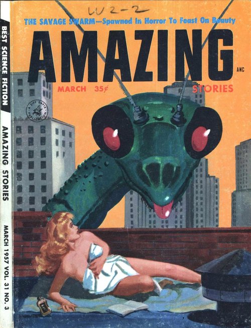 Giant Mantis Threatens Rooftop Sunbather – Amazing Stories March 1957