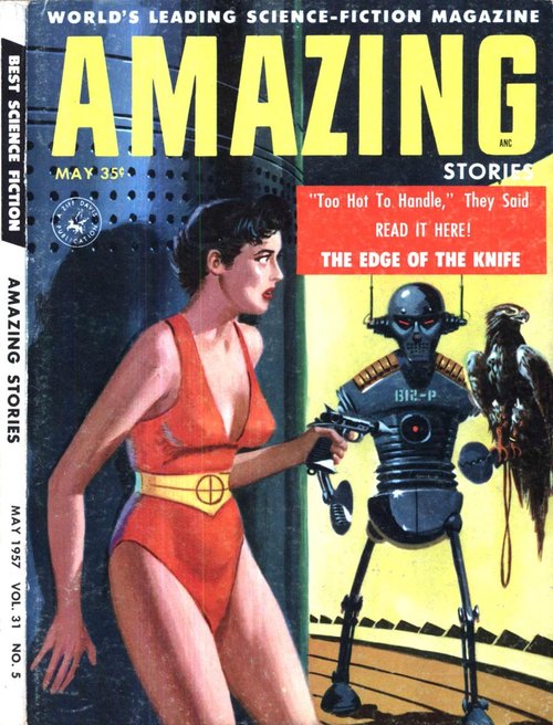 Robot BR2-P with Falcon Confronts Armed Woman, Amazing Stories May 1957