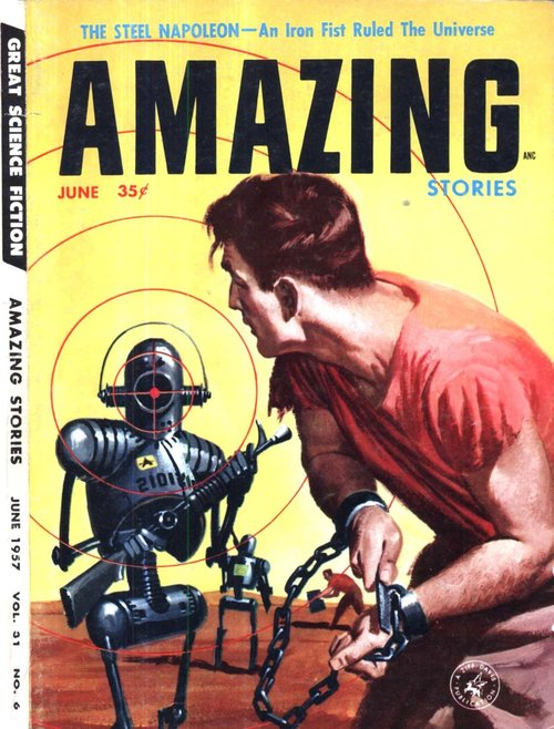 Chained Man vs. Miniature Robot — Amazing Stories June 1957